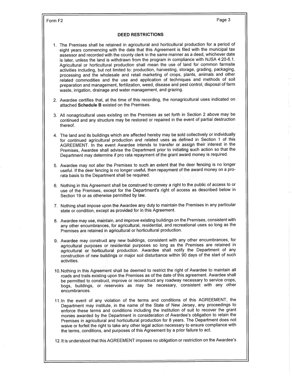 Form F2 Standard Agreement for Owner Applicant - Deer Fencing Program - New Jersey, Page 3