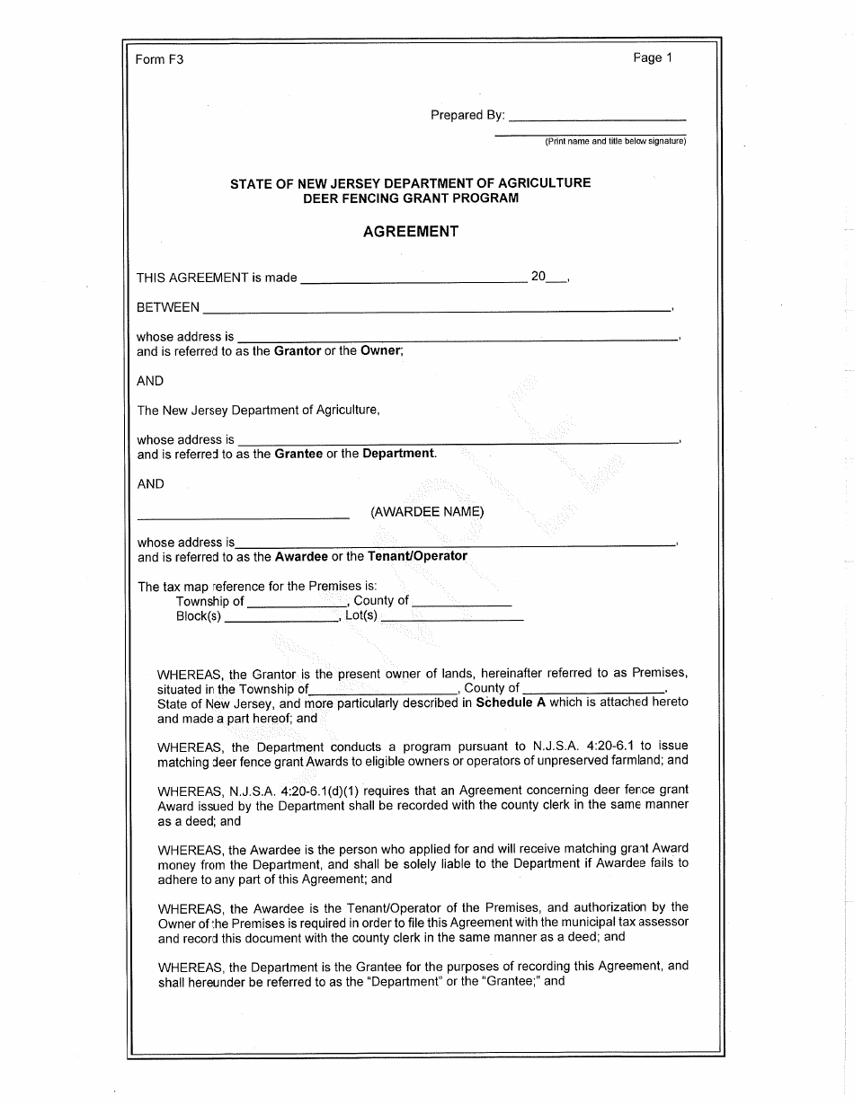 Form F3 Standard Agreement for Tenant Applicant - Deer Fencing Program - New Jersey, Page 1