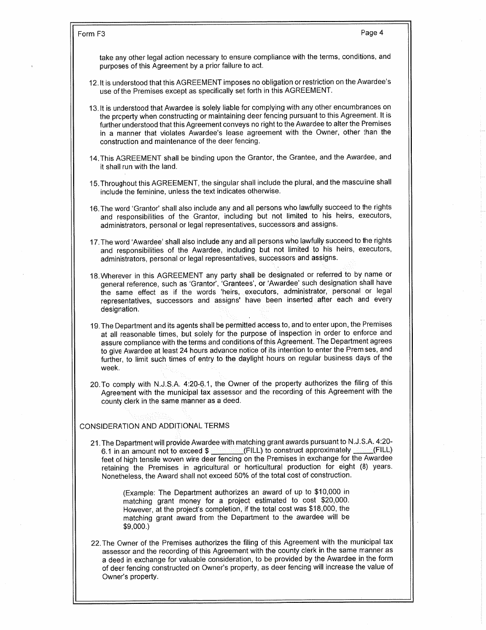 Form F3 Standard Agreement for Tenant Applicant - Deer Fencing Program - New Jersey, Page 4