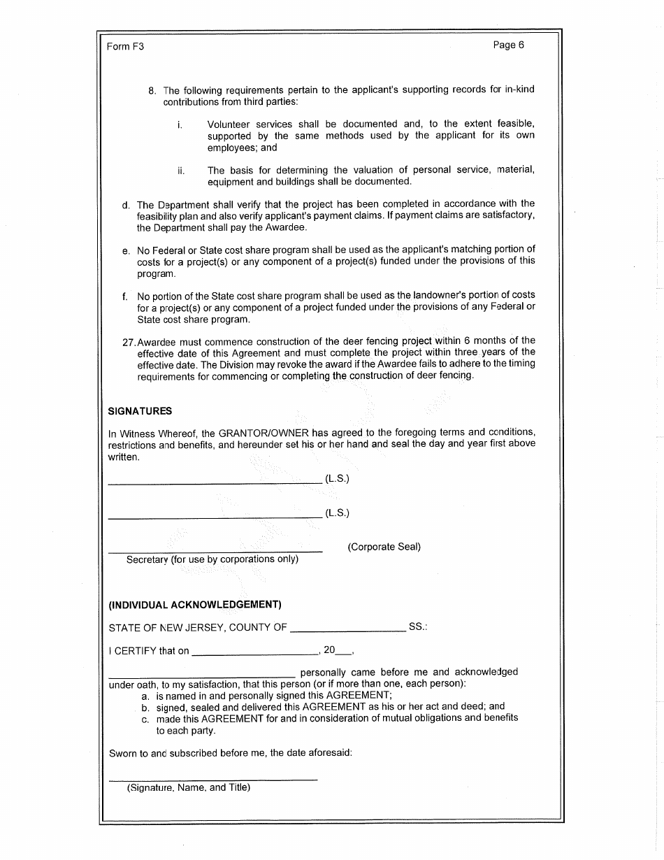 Form F3 Standard Agreement for Tenant Applicant - Deer Fencing Program - New Jersey, Page 6