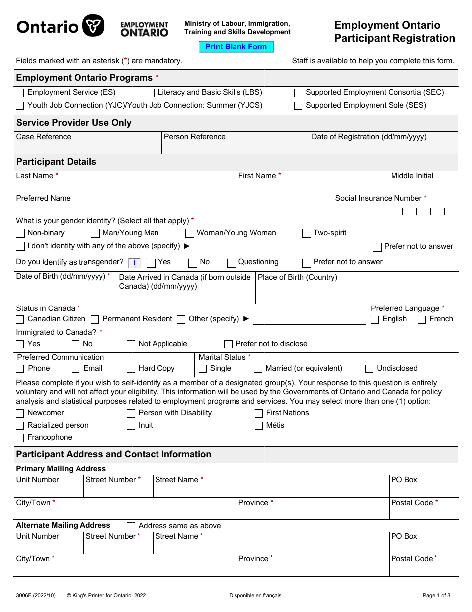 Form 3006E Employment Ontario Participant Registration - Ontario, Canada, Page 1