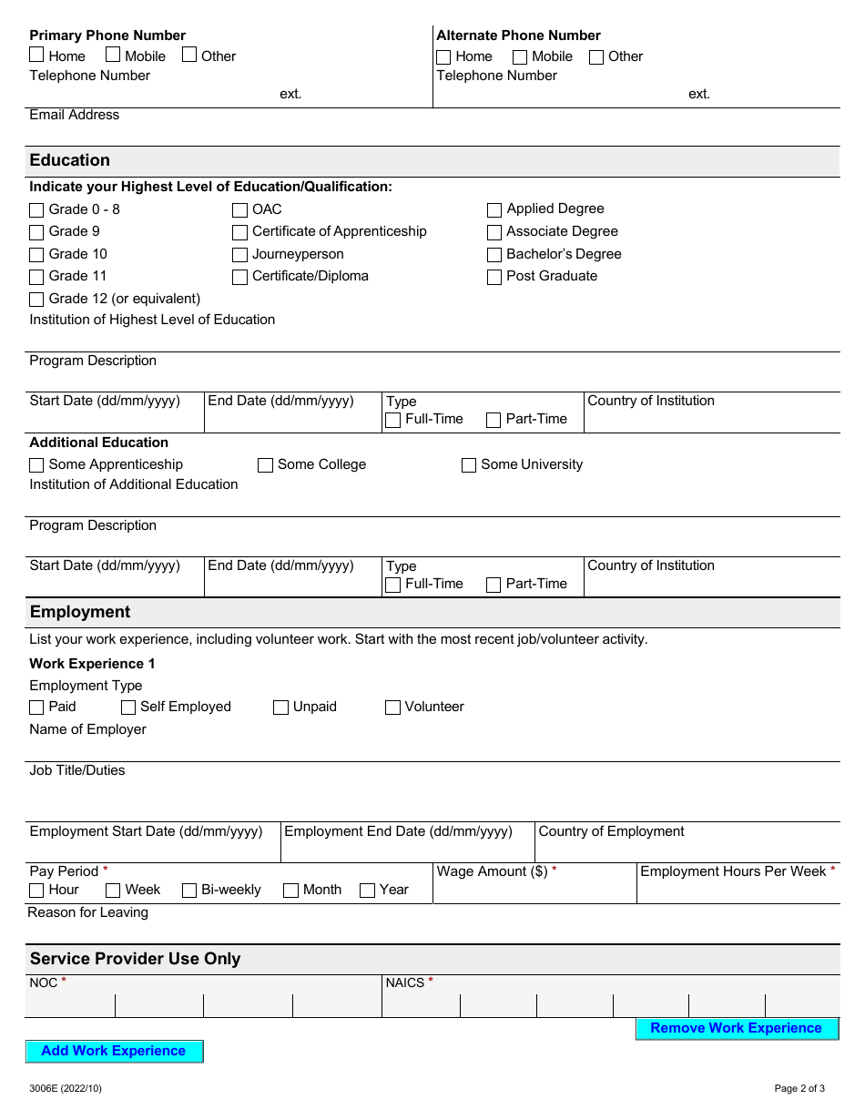 Form 3006E Employment Ontario Participant Registration - Ontario, Canada, Page 2