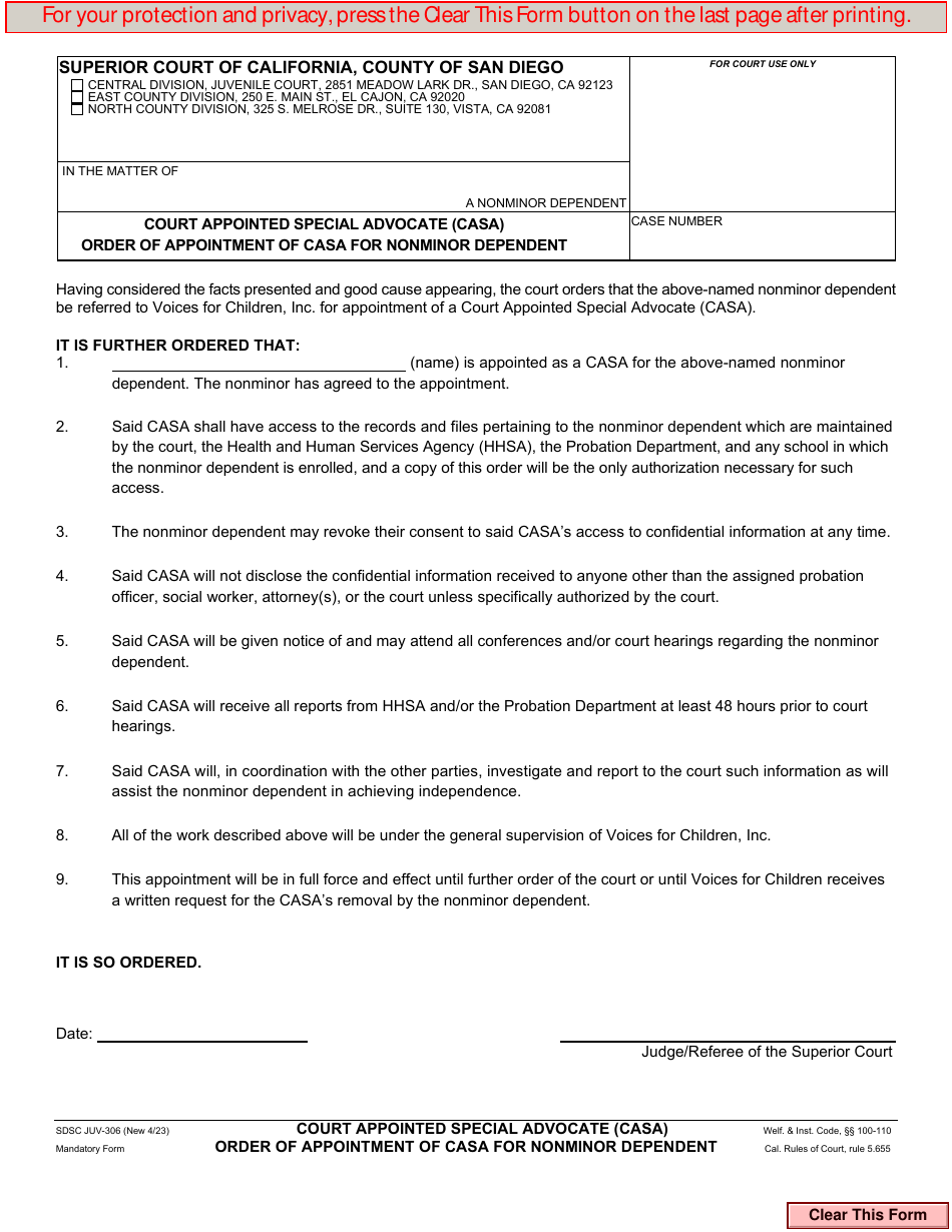 Form JUV-306 Court Appointed Special Advocate (Casa) Order of Appointment of Casa for Nonminor Dependent - County of San Diego, California, Page 1