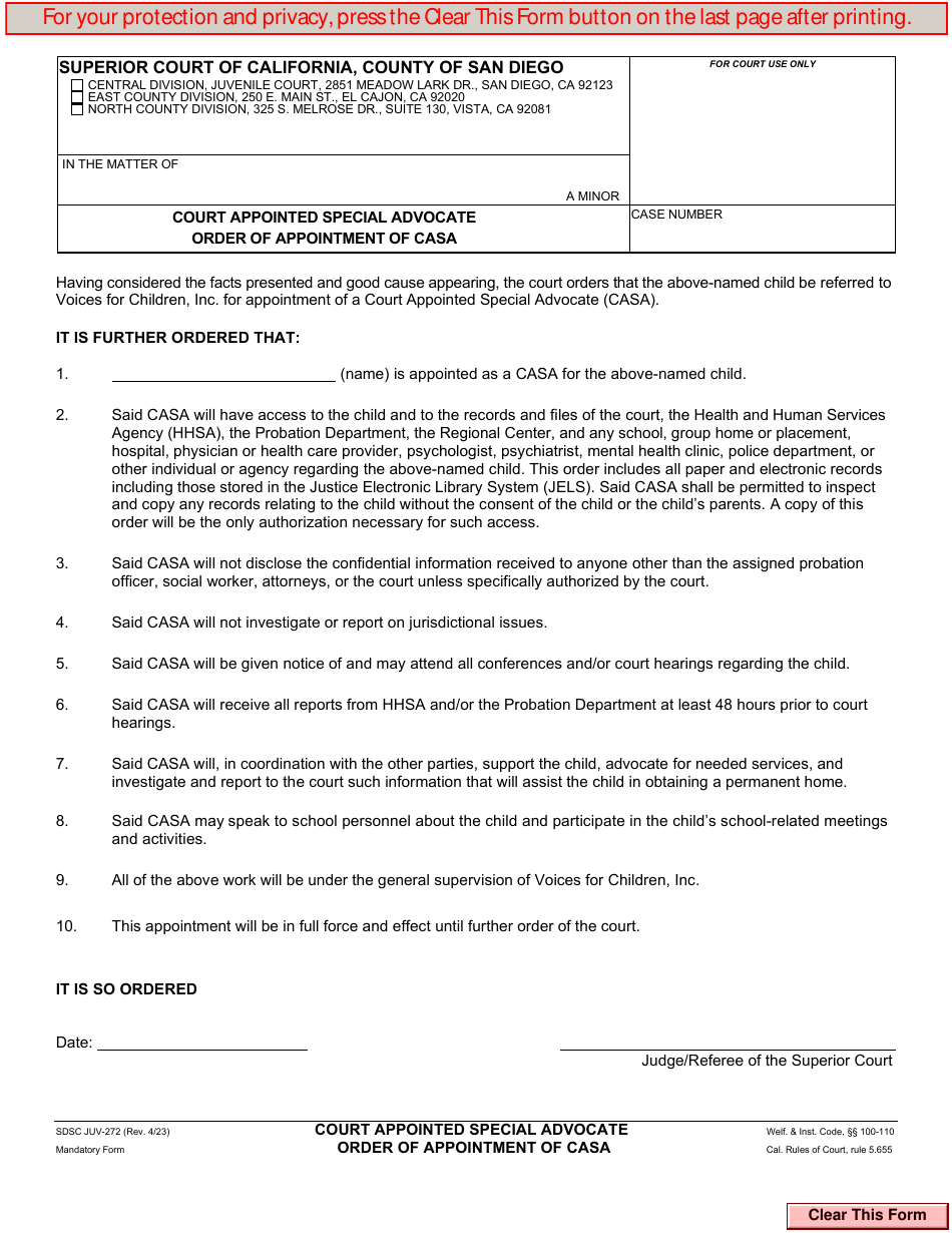 Form JUV-272 Court Appointed Special Advocate Order of Appointment of Casa - County of San Diego, California, Page 1