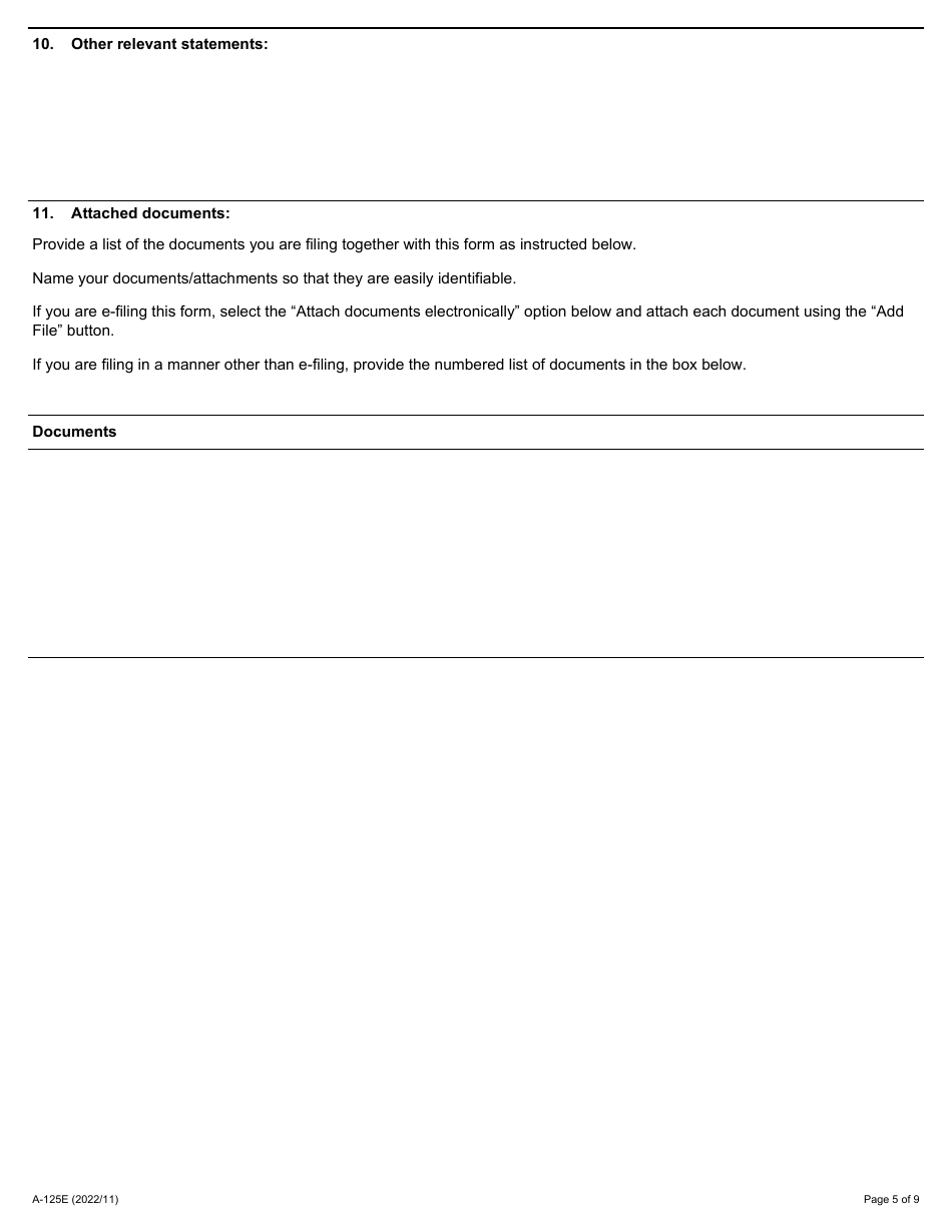 Form A-125 Application Under Section 25 or 26 of the Act - Ontario, Canada, Page 5