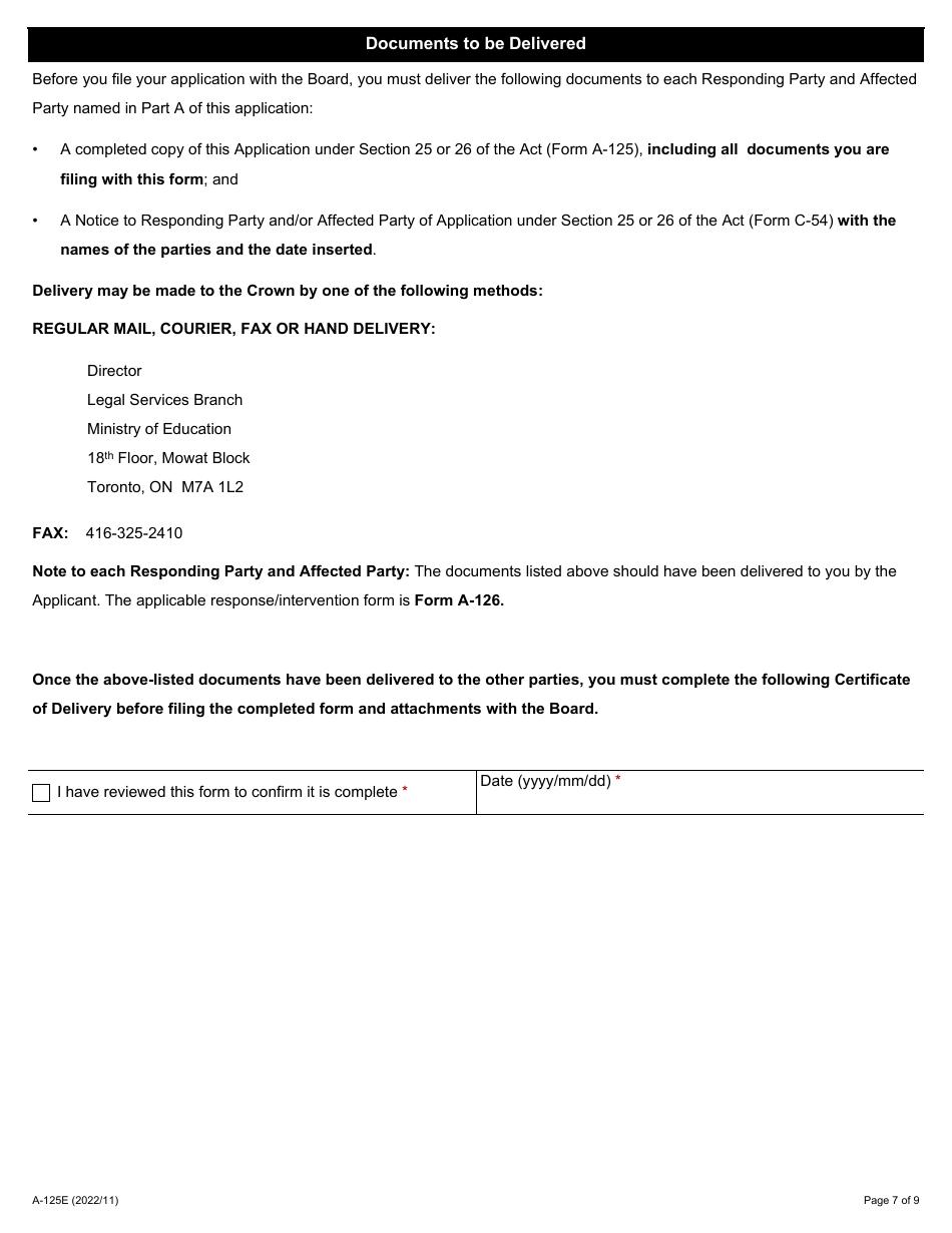Form A-125 Application Under Section 25 or 26 of the Act - Ontario, Canada, Page 7
