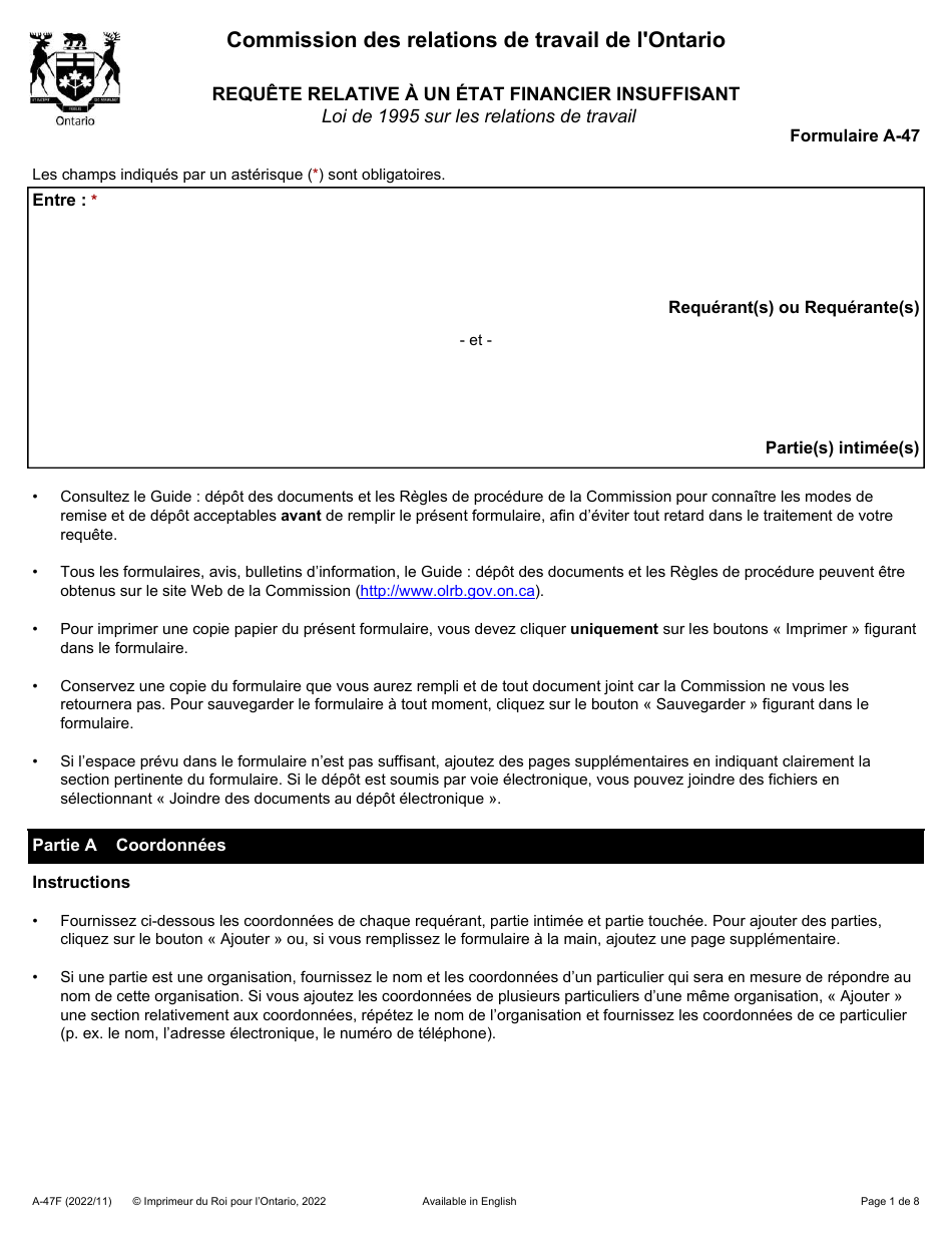 Forme A-47 Requete Relative a Un Etat Financier Insuffisant - Ontario, Canada (French), Page 1