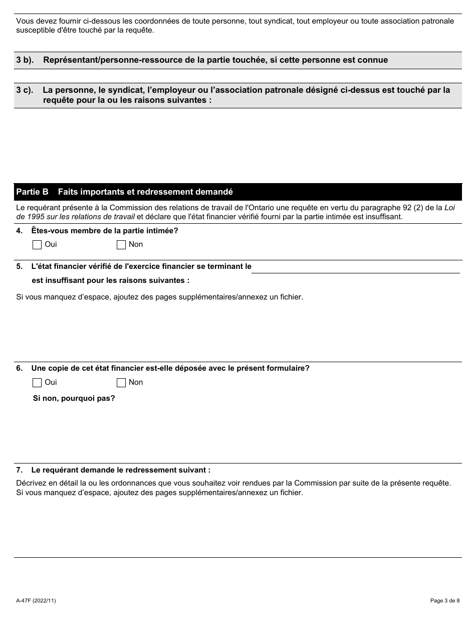 Forme A-47 Requete Relative a Un Etat Financier Insuffisant - Ontario, Canada (French), Page 3