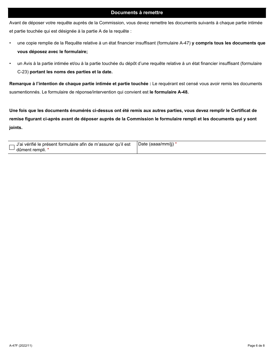 Forme A-47 Requete Relative a Un Etat Financier Insuffisant - Ontario, Canada (French), Page 6