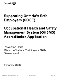 Form 2028E Supporting Ontario&#039;s Safe Employers (Sose) Occupational Health and Safety Management System (Ohsms) Accreditation Application - Ontario, Canada