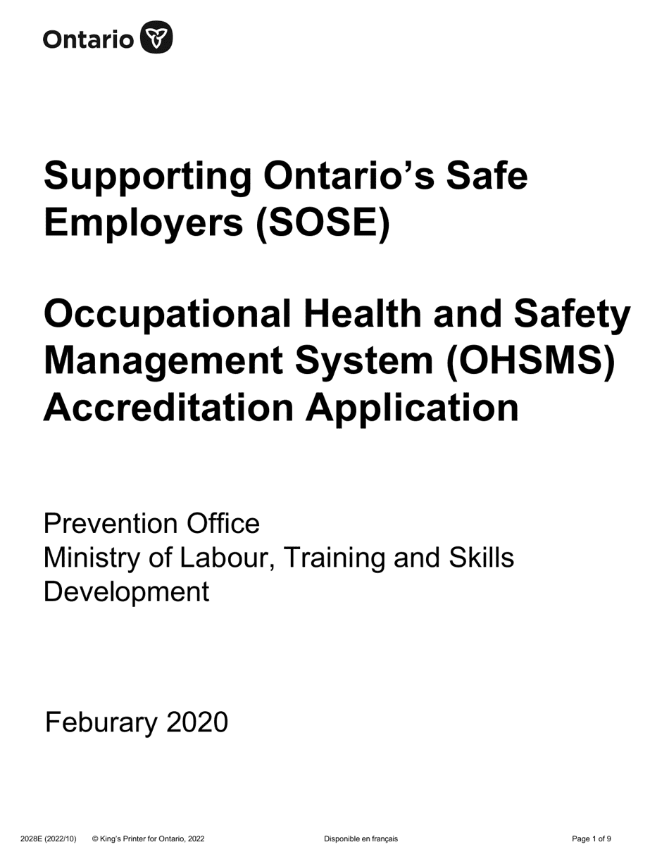 Form 2028E Supporting Ontarios Safe Employers (Sose) Occupational Health and Safety Management System (Ohsms) Accreditation Application - Ontario, Canada, Page 1