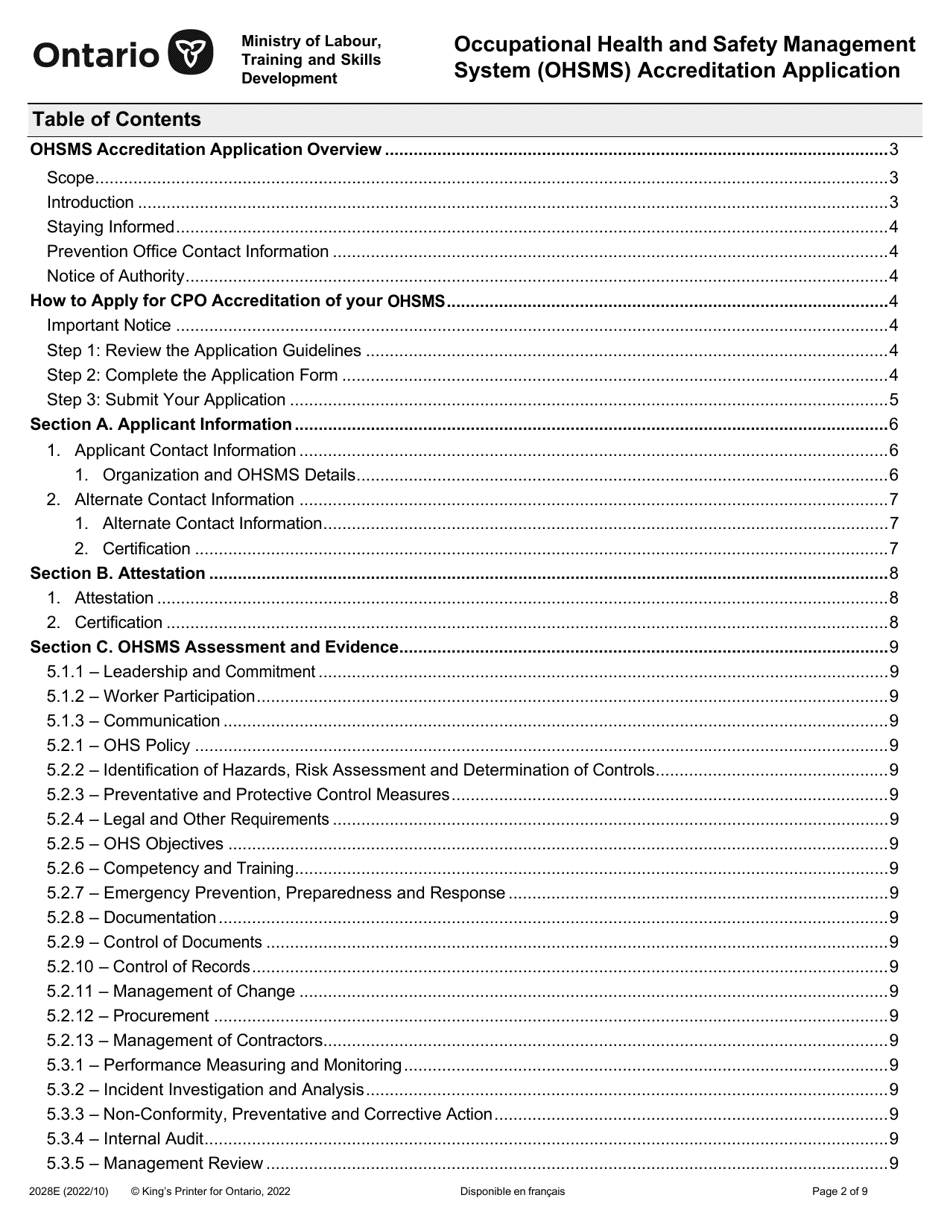 Form 2028E Supporting Ontarios Safe Employers (Sose) Occupational Health and Safety Management System (Ohsms) Accreditation Application - Ontario, Canada, Page 2