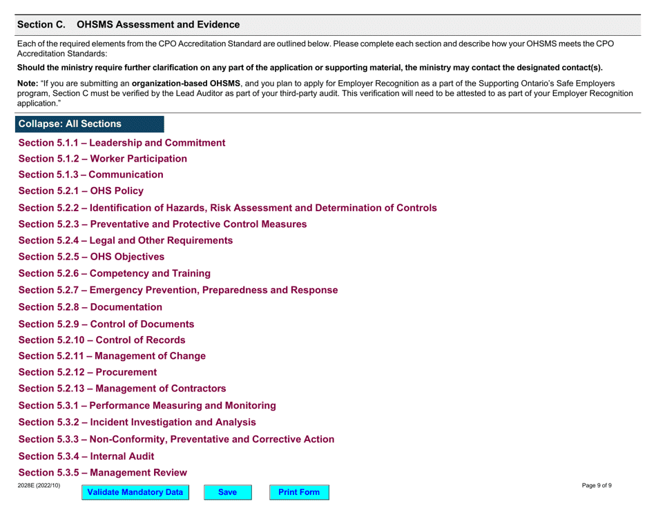Form 2028E Supporting Ontarios Safe Employers (Sose) Occupational Health and Safety Management System (Ohsms) Accreditation Application - Ontario, Canada, Page 9