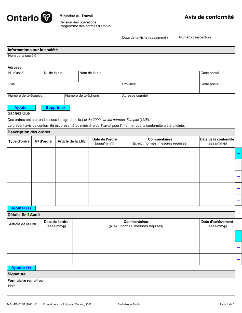 Forme MOL-ES-024F Avis De Conformite - Ontario, Canada (French), Page 1