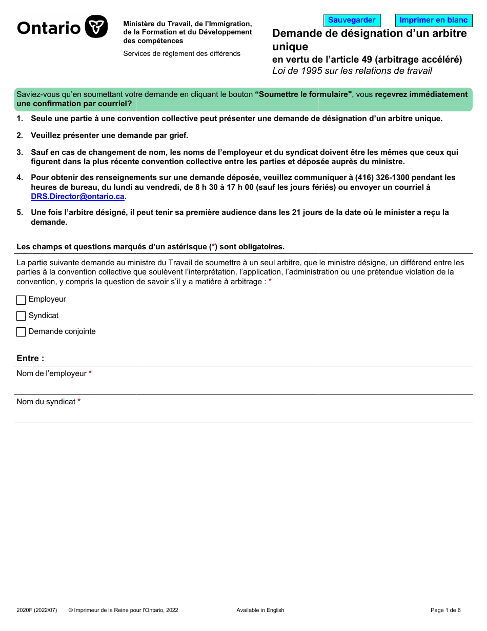 Forme 2020F Demande De Designation Dun Arbitre Unique En Vertu De Larticle 49 (Arbitrage Accelere) - Ontario, Canada (French), Page 1