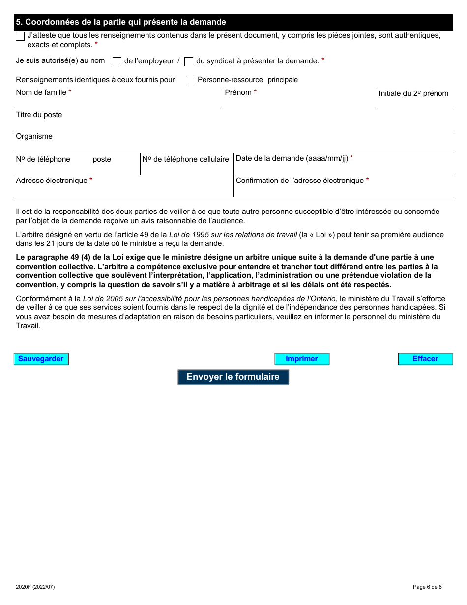 Forme 2020F Demande De Designation Dun Arbitre Unique En Vertu De Larticle 49 (Arbitrage Accelere) - Ontario, Canada (French), Page 6