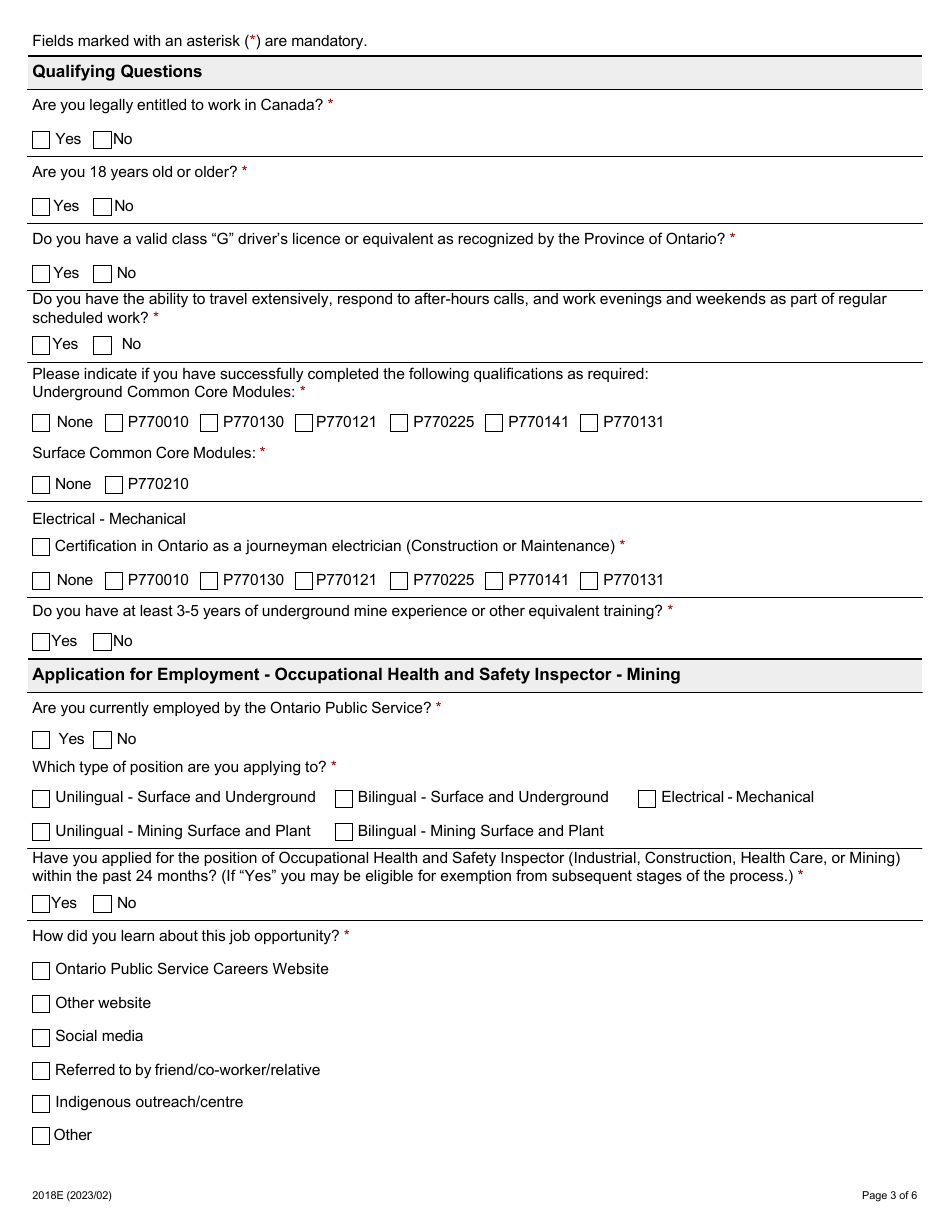 Form 2018E Application for Employment Occupational Health and Safety Inspector - Mining - Ontario, Canada, Page 3