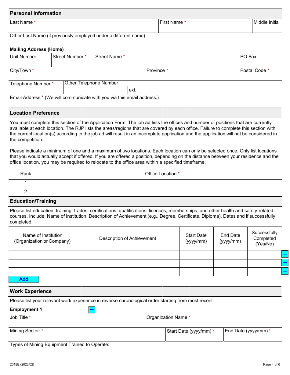 Form 2018E Application for Employment Occupational Health and Safety Inspector - Mining - Ontario, Canada, Page 4