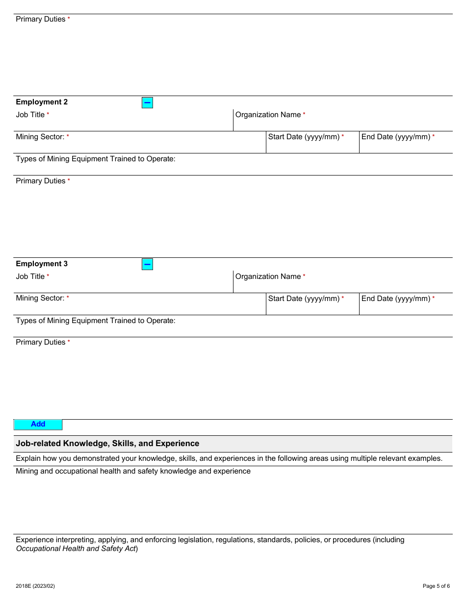 Form 2018E Application for Employment Occupational Health and Safety Inspector - Mining - Ontario, Canada, Page 5