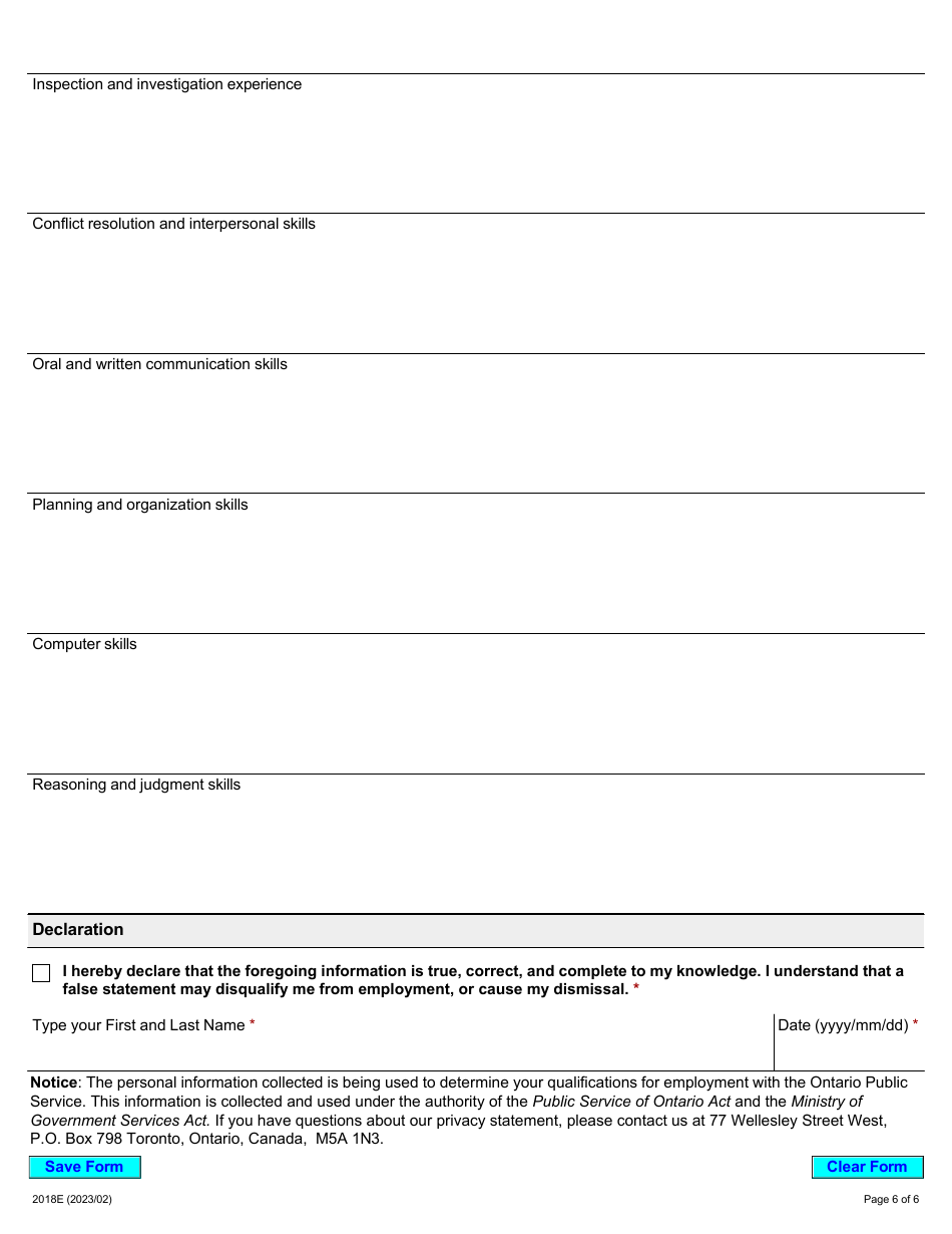Form 2018E Application for Employment Occupational Health and Safety Inspector - Mining - Ontario, Canada, Page 6