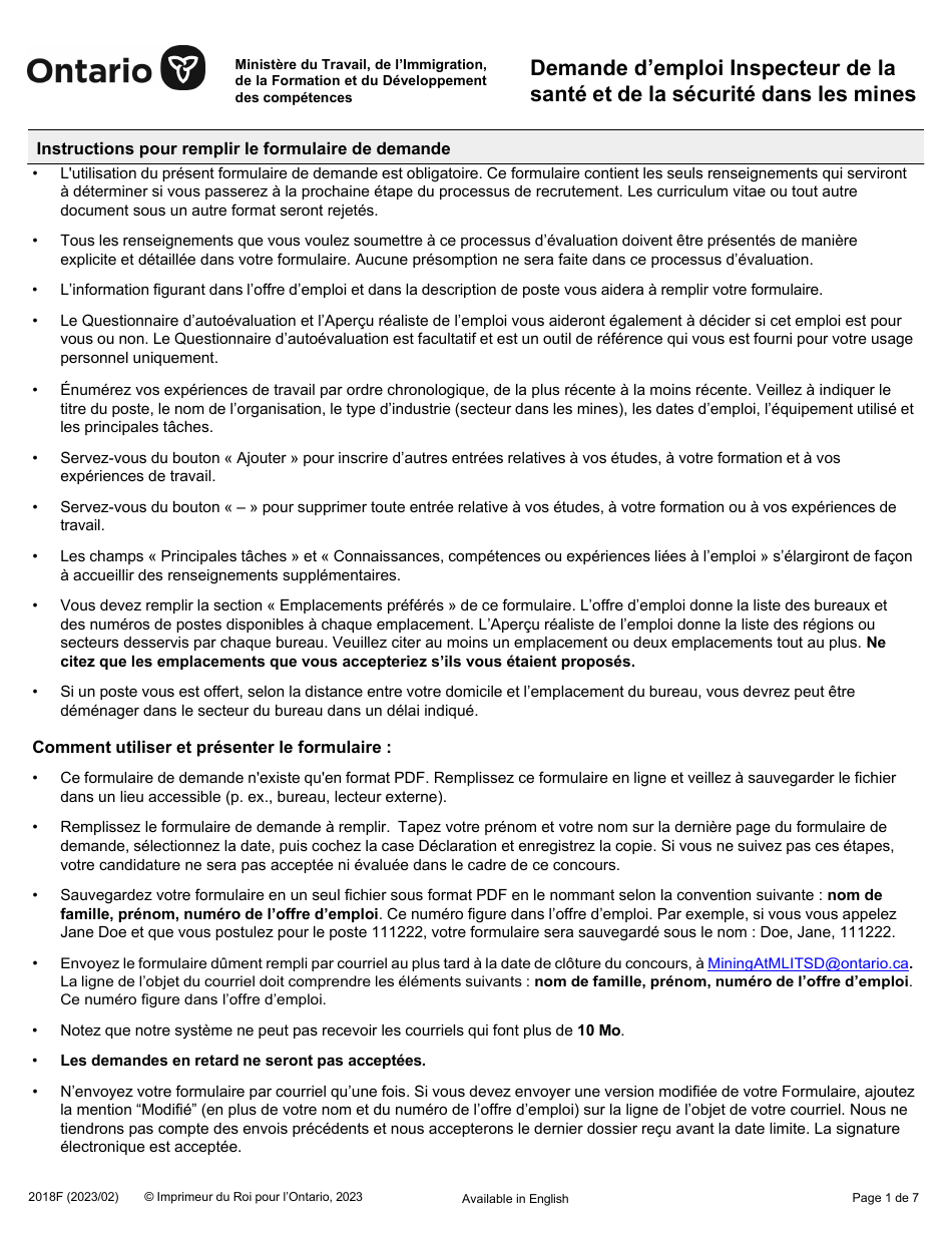 Forme 2018F Demande Demploi Inspecteur De La Sante Et De La Securite Dans Les Mines - Ontario, Canada (French), Page 1