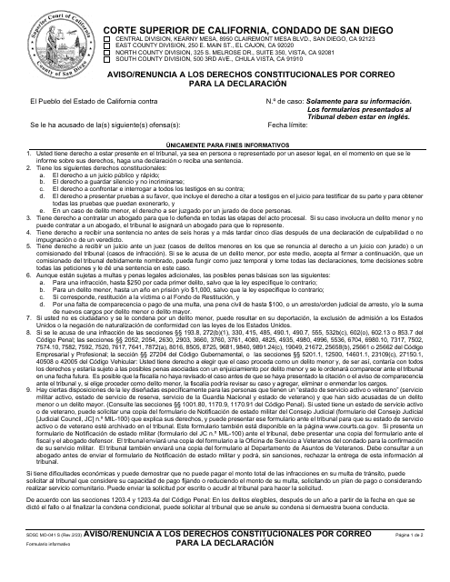 Formulario MO-041 S Aviso/Renuncia a Los Derechos Constitucionales Por Correo Para La Declaracion - County of San Diego, California (Spanish)
