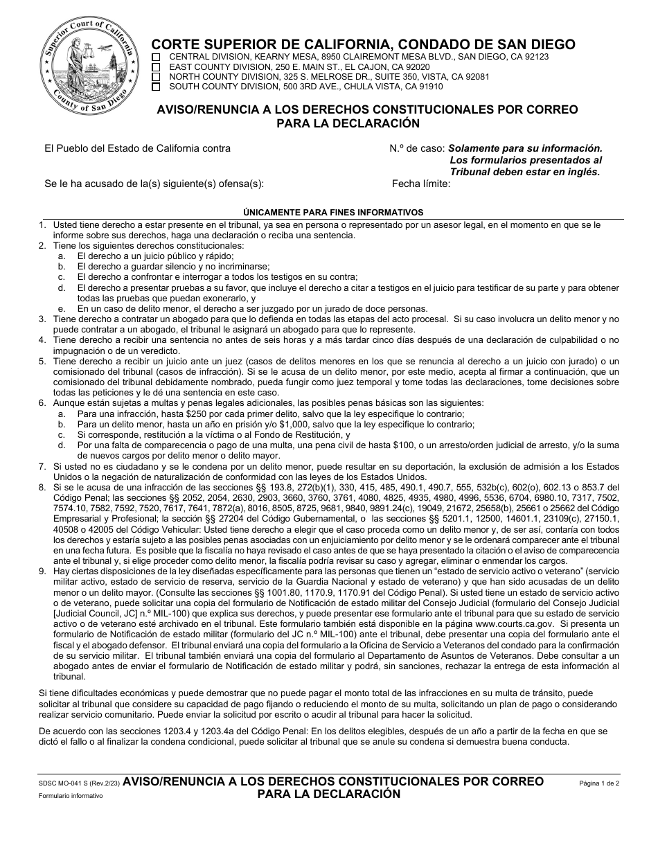 Formulario MO-041 S Aviso / Renuncia a Los Derechos Constitucionales Por Correo Para La Declaracion - County of San Diego, California (Spanish), Page 1