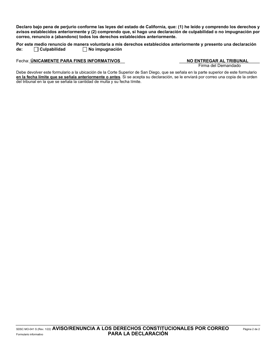 Formulario MO-041 S Aviso / Renuncia a Los Derechos Constitucionales Por Correo Para La Declaracion - County of San Diego, California (Spanish), Page 2