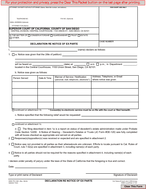 Form PR-136A Declaration Re Notice of Ex Parte - County of San Diego, California