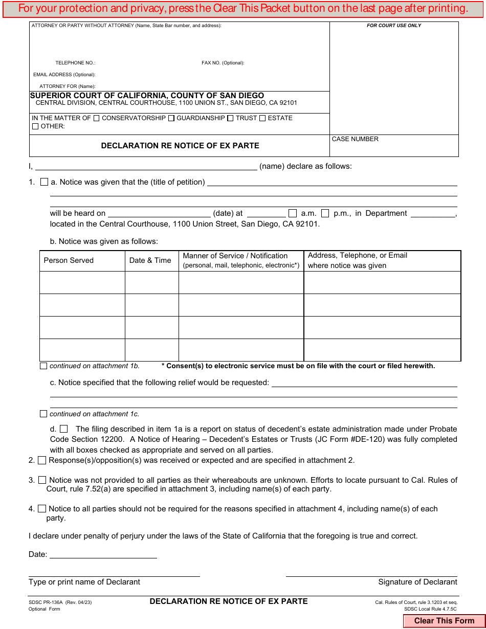 Form PR-136A Declaration Re Notice of Ex Parte - County of San Diego, California, Page 1