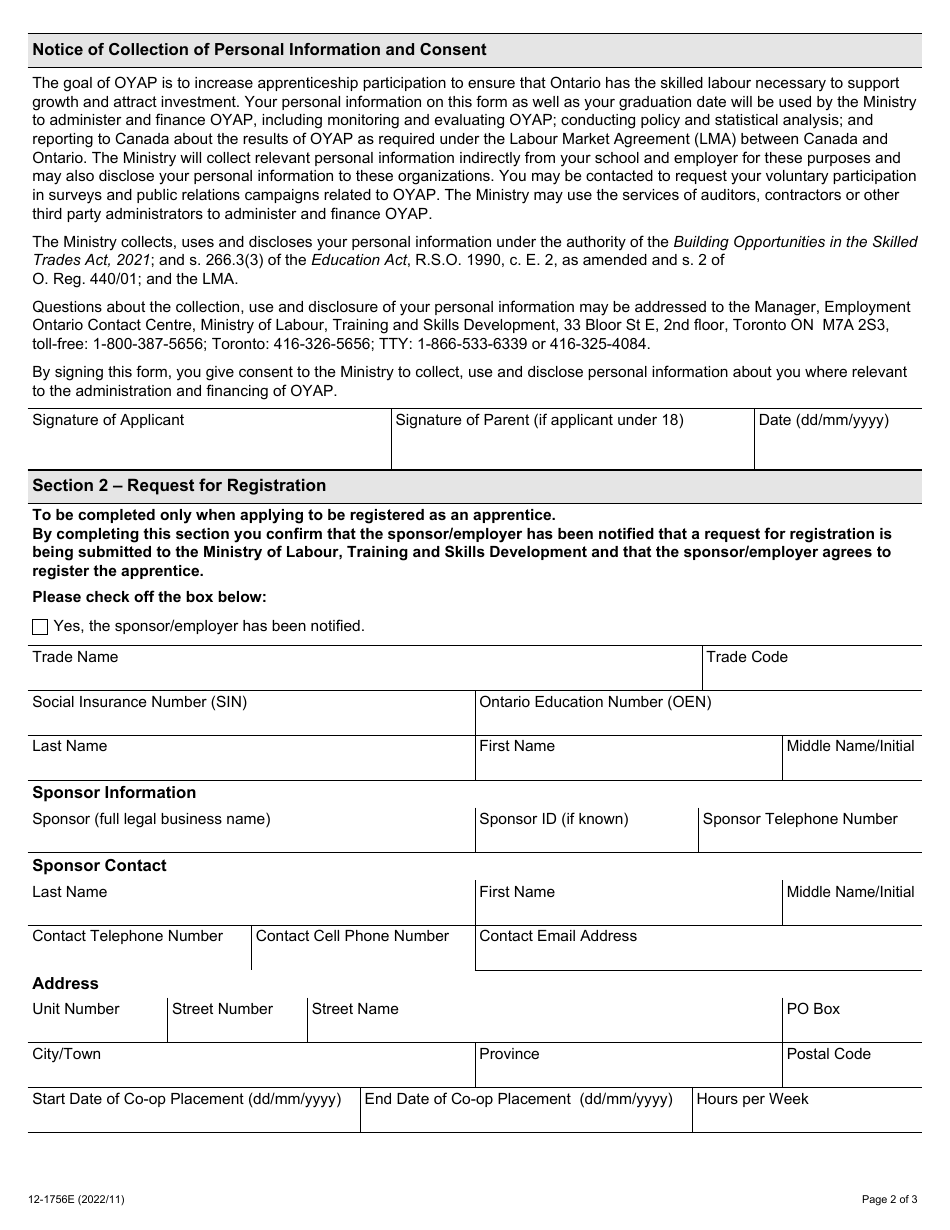 Form 12-1756E Participant Application Form - Ontario Youth Apprenticeship Program (Oyap) - Ontario, Canada, Page 2