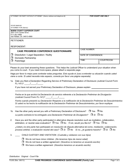 Form FL003 Case Progress Conference Questionnaire - County of Marin, California