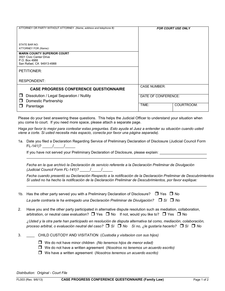 Form FL003 Case Progress Conference Questionnaire - County of Marin, California, Page 1