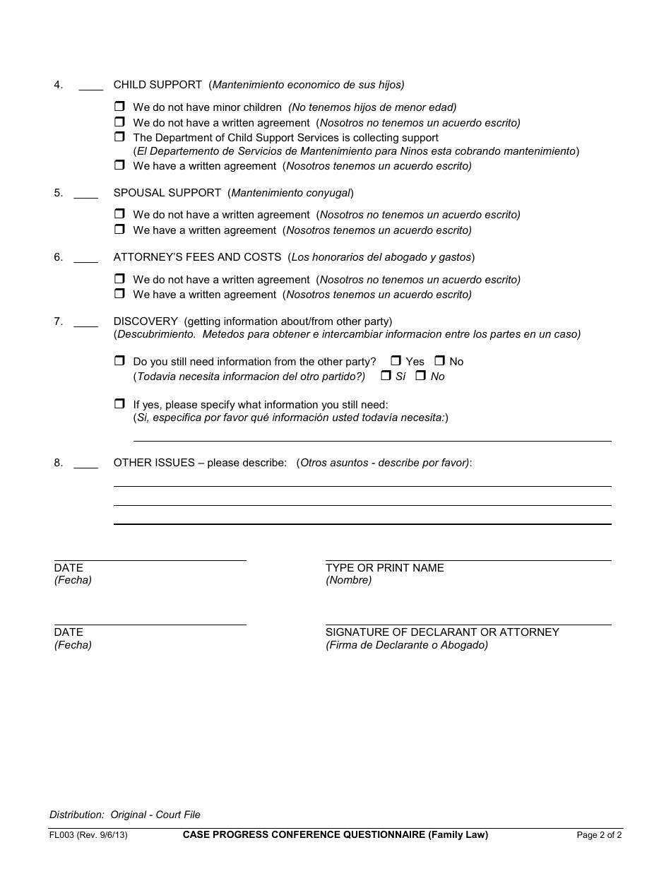 Form FL003 Case Progress Conference Questionnaire - County of Marin, California, Page 2