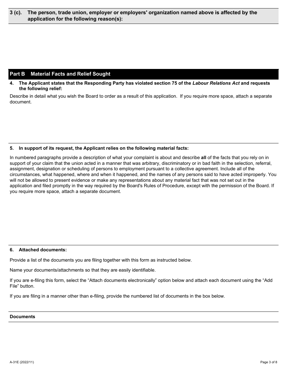 Form A-31 Application Regarding Unions Duty of Fair Referral - Ontario, Canada, Page 3