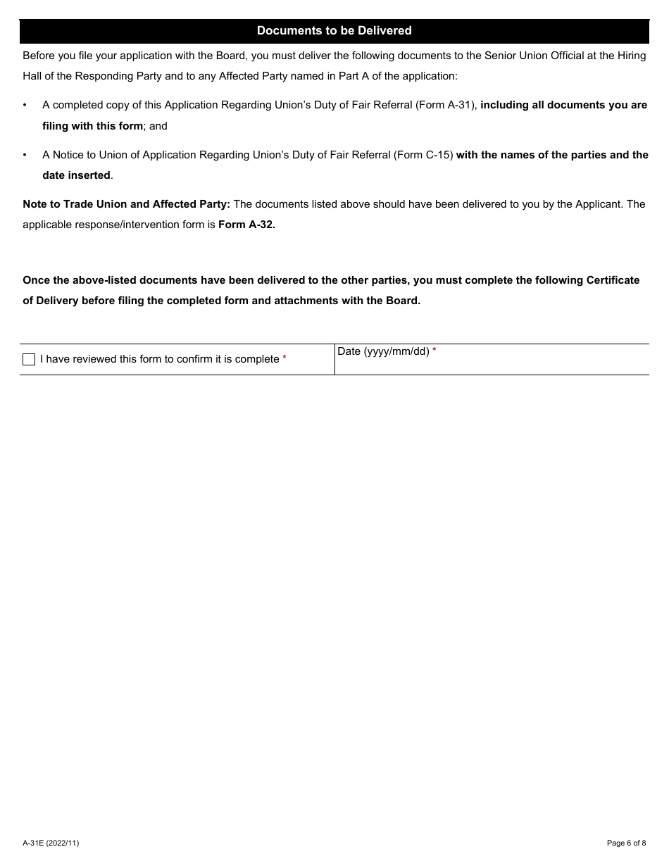 Form A-31 Application Regarding Unions Duty of Fair Referral - Ontario, Canada, Page 6
