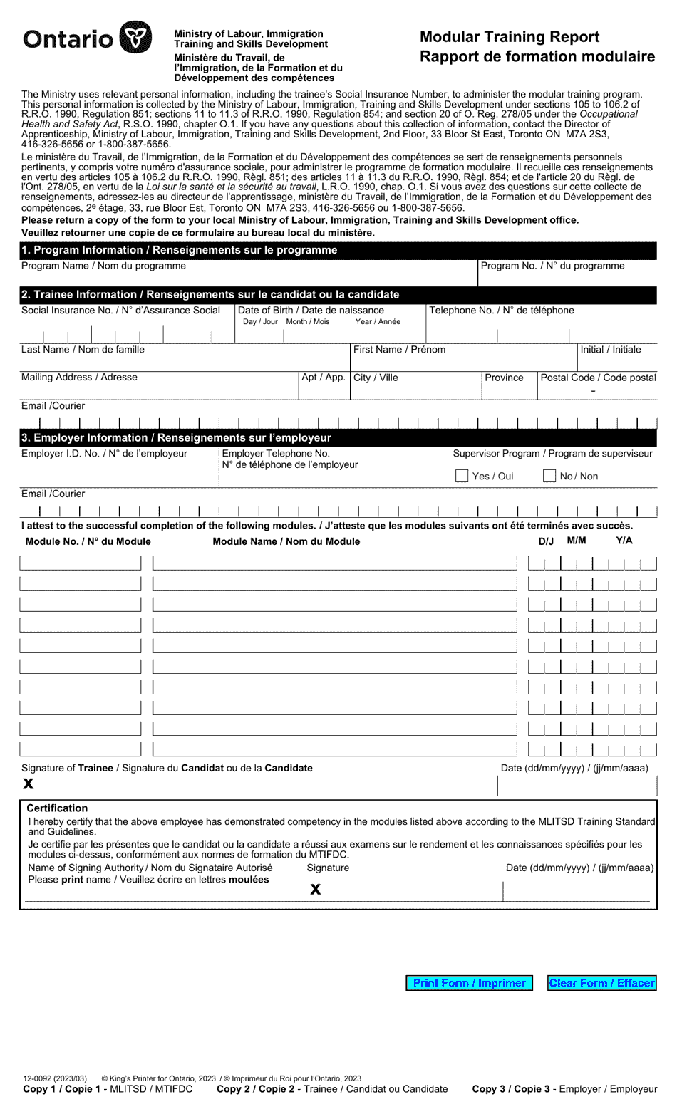 Form 12-0092 Modular Training Report - Ontario, Canada (English / French), Page 1