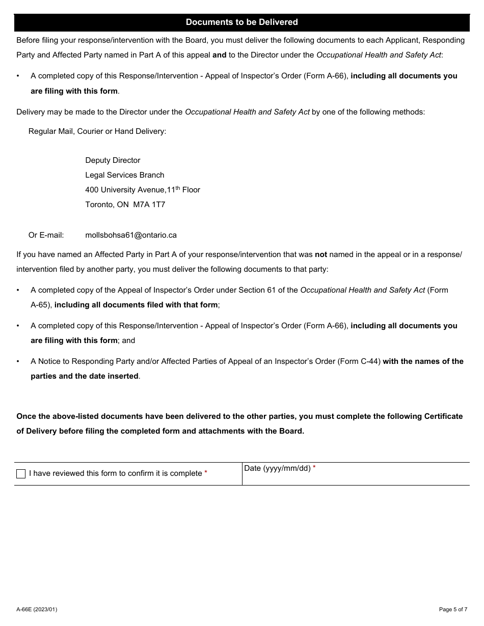 Form A-66 Response / Intervention -appeal of Inspectors Order - Ontario, Canada, Page 5