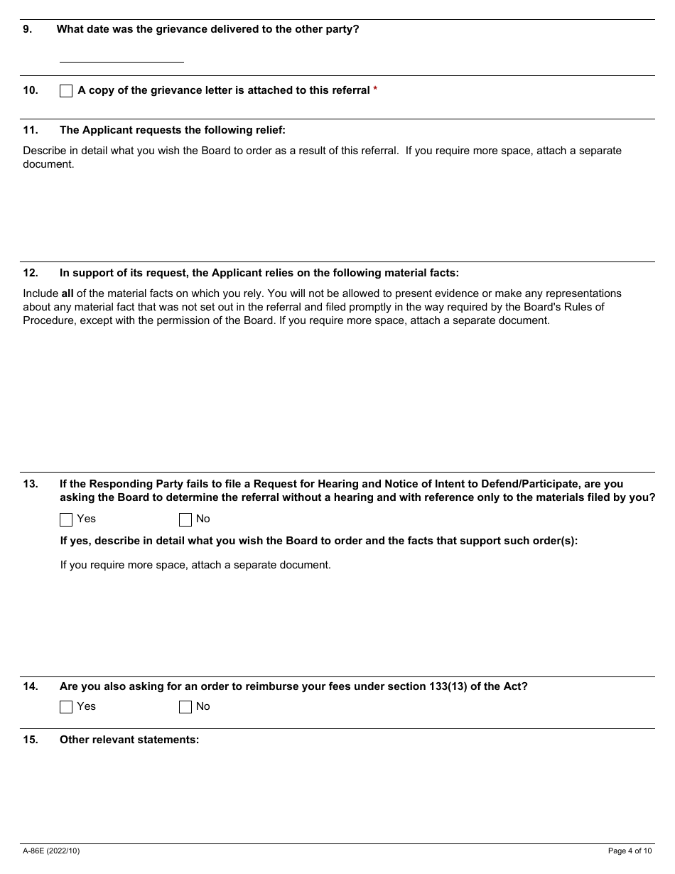 Form A-86 Referral of Grievance to Arbitration - Ontario, Canada, Page 4