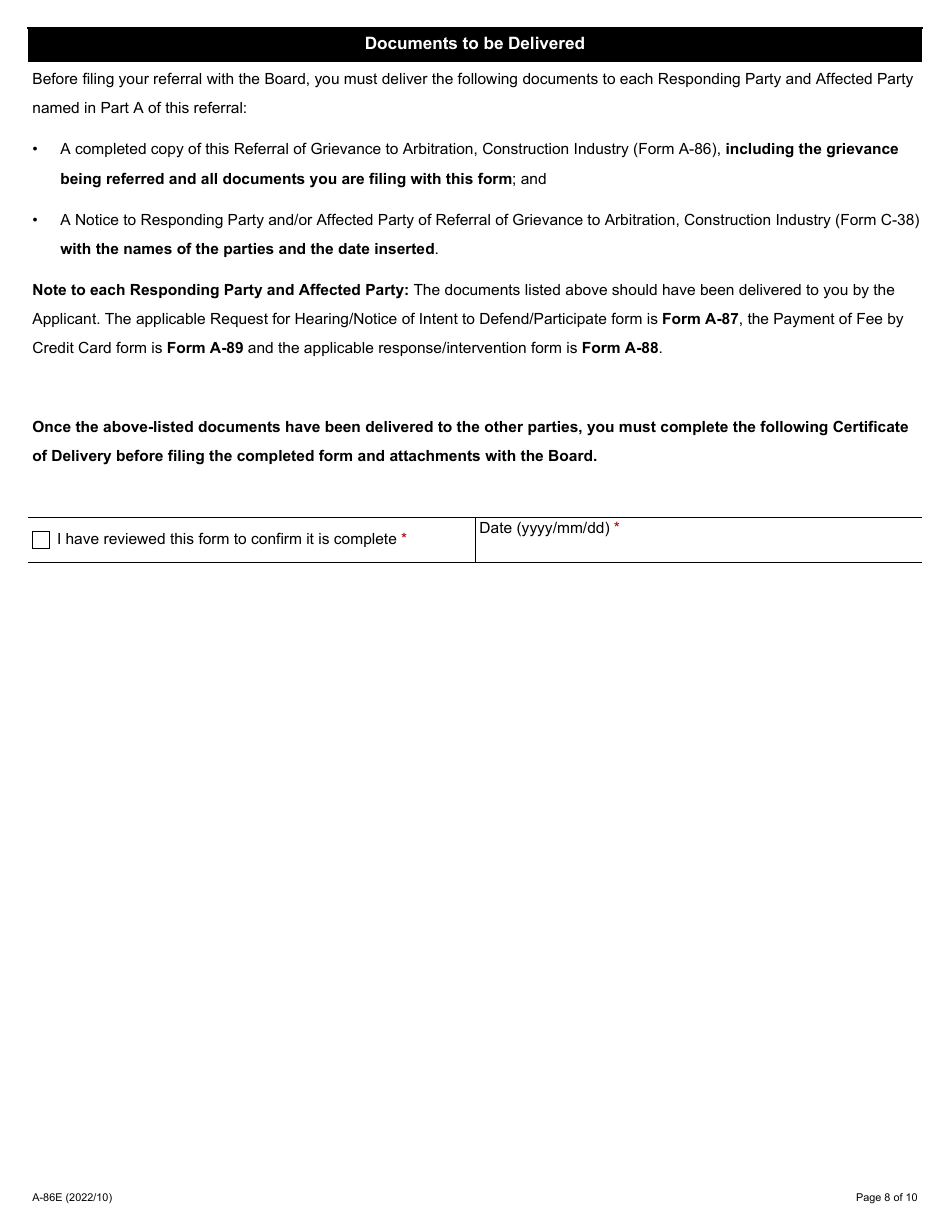 Form A-86 Referral of Grievance to Arbitration - Ontario, Canada, Page 8