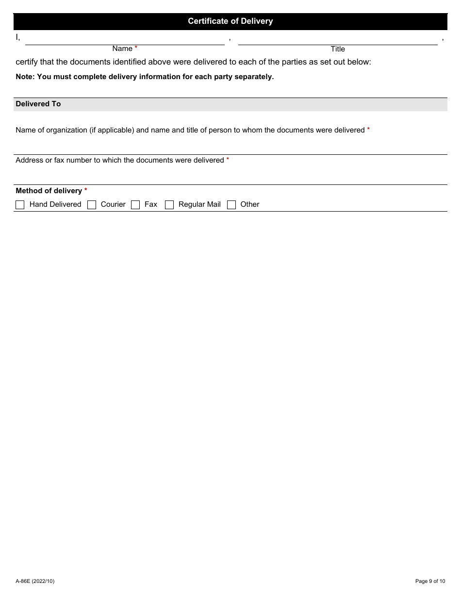 Form A-86 Referral of Grievance to Arbitration - Ontario, Canada, Page 9