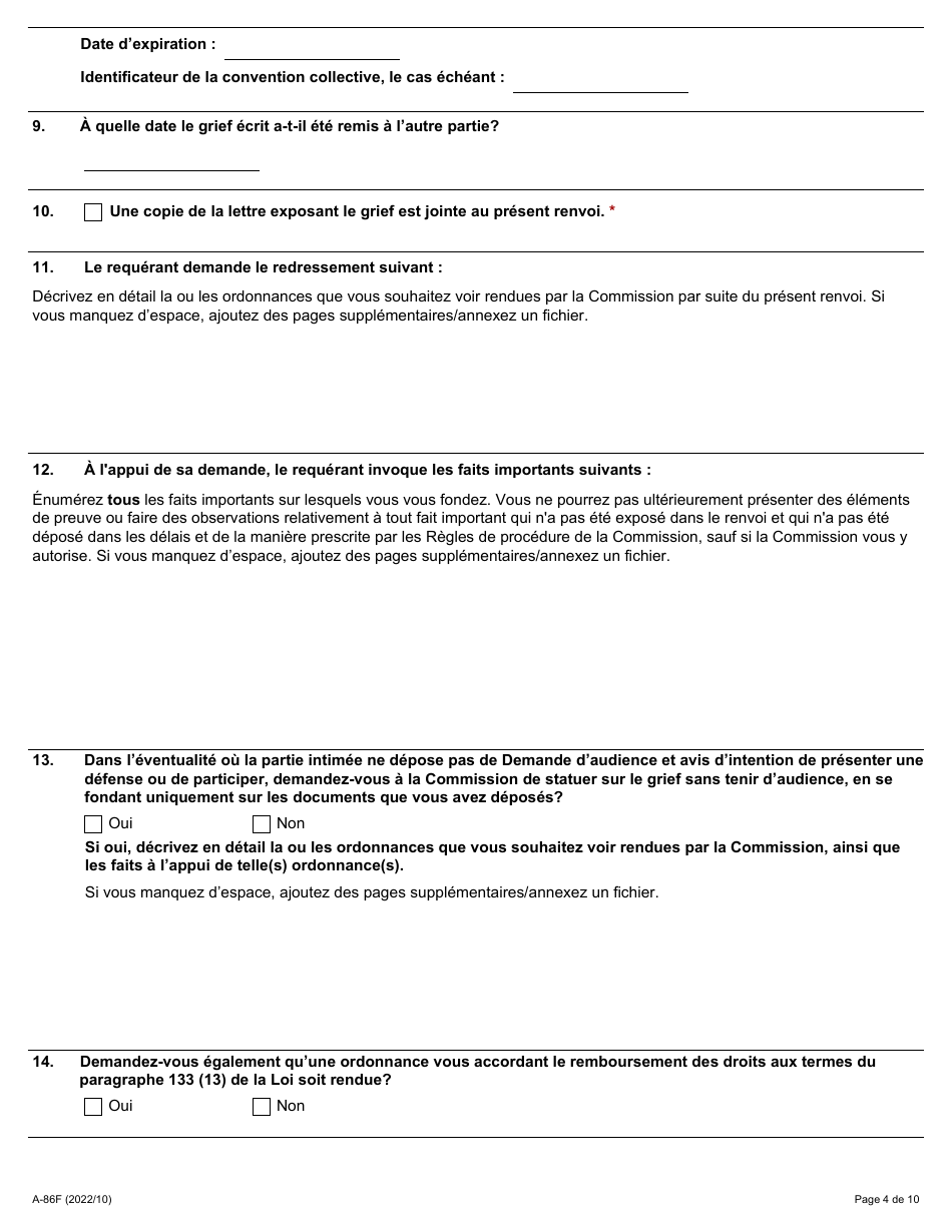 Forme A-86 Renvoi Dun Grief a Larbitrage - Ontario, Canada (French), Page 4