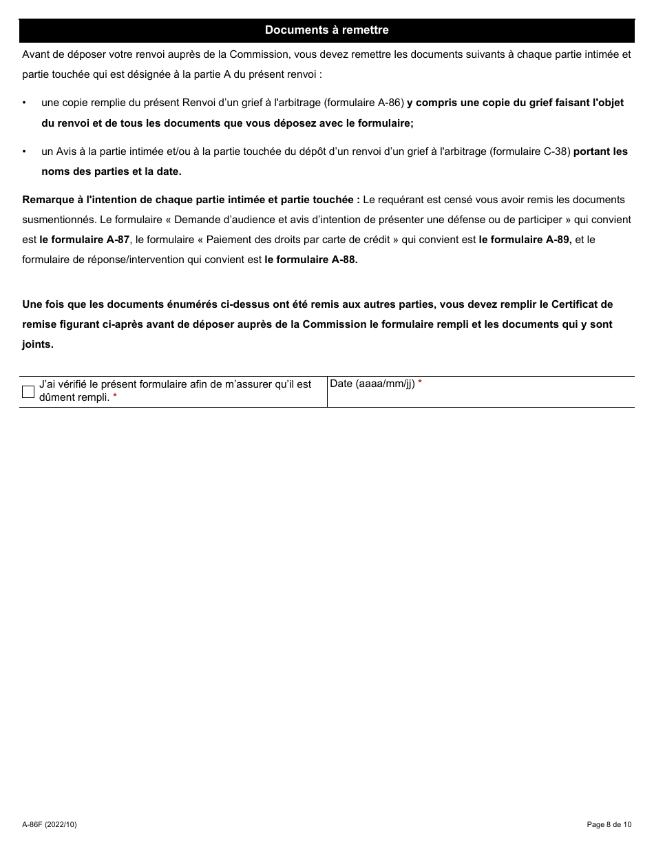 Forme A-86 Renvoi Dun Grief a Larbitrage - Ontario, Canada (French), Page 8