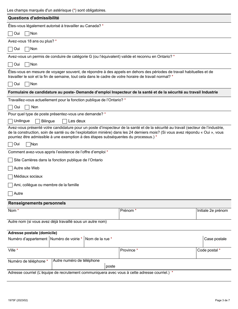 Forme 1975F Demande Demploi Inspecteur De La Sante Et De La Securite Au Travail (Secteur De Lindustrie) - Ontario, Canada (French), Page 3