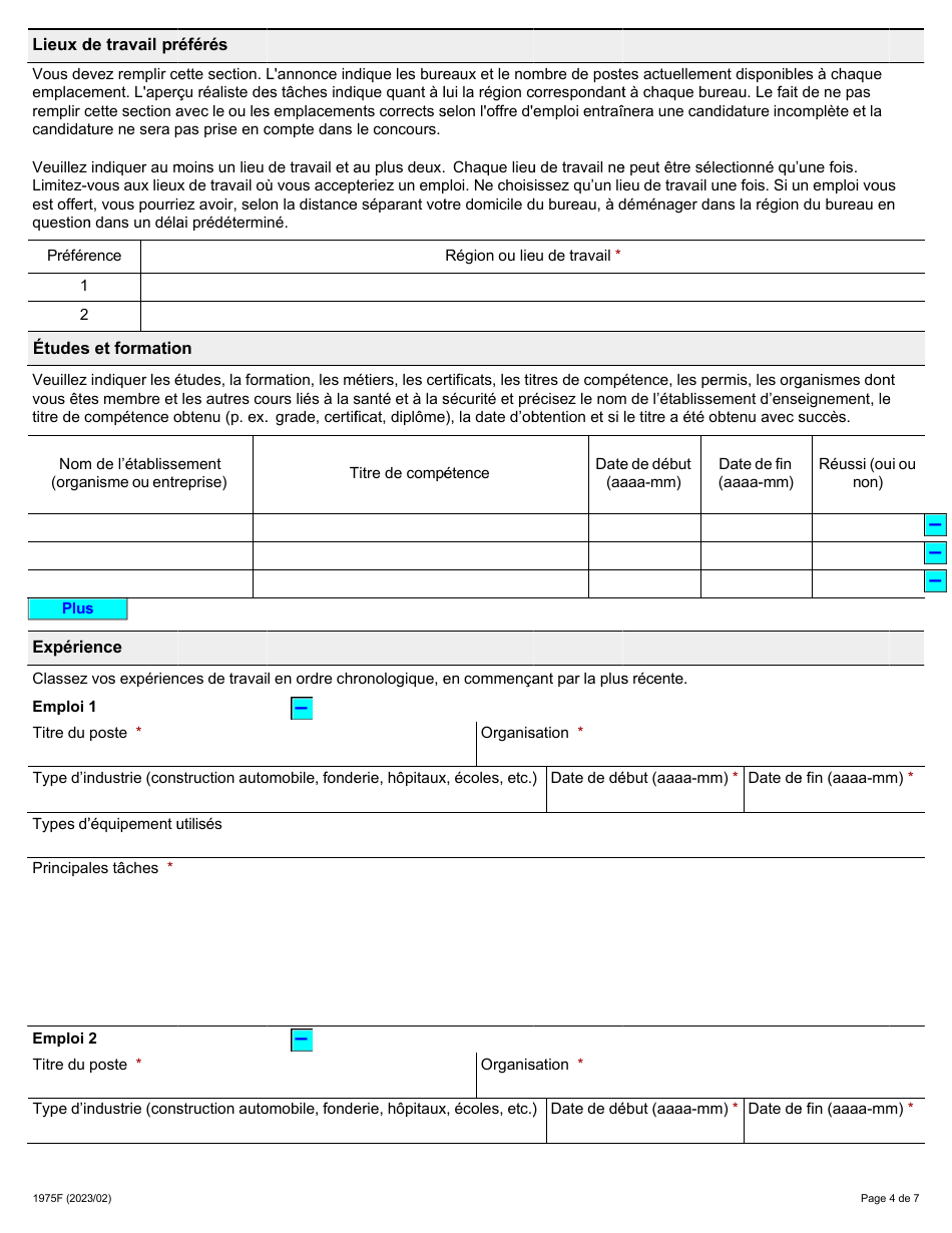 Forme 1975F Demande Demploi Inspecteur De La Sante Et De La Securite Au Travail (Secteur De Lindustrie) - Ontario, Canada (French), Page 4