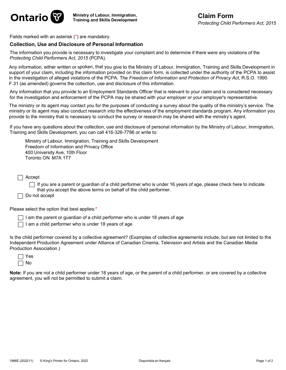 Form 1966E Claim Form - Protecting Child Performers Act, 2015 - Ontario, Canada, Page 1