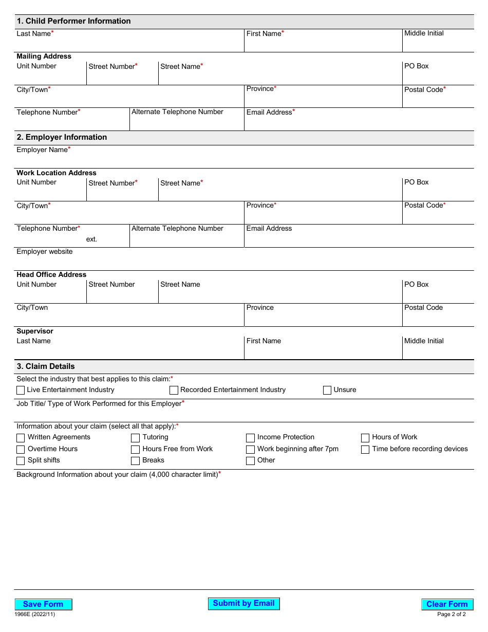 Form 1966E Claim Form - Protecting Child Performers Act, 2015 - Ontario, Canada, Page 2