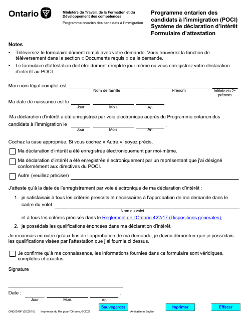 Forme ON00240F Programme Ontarien DES Candidats a L'immigration (Poci) Systeme De Declaration D'interet Formulaire D'attestation - Ontario, Canada (French)