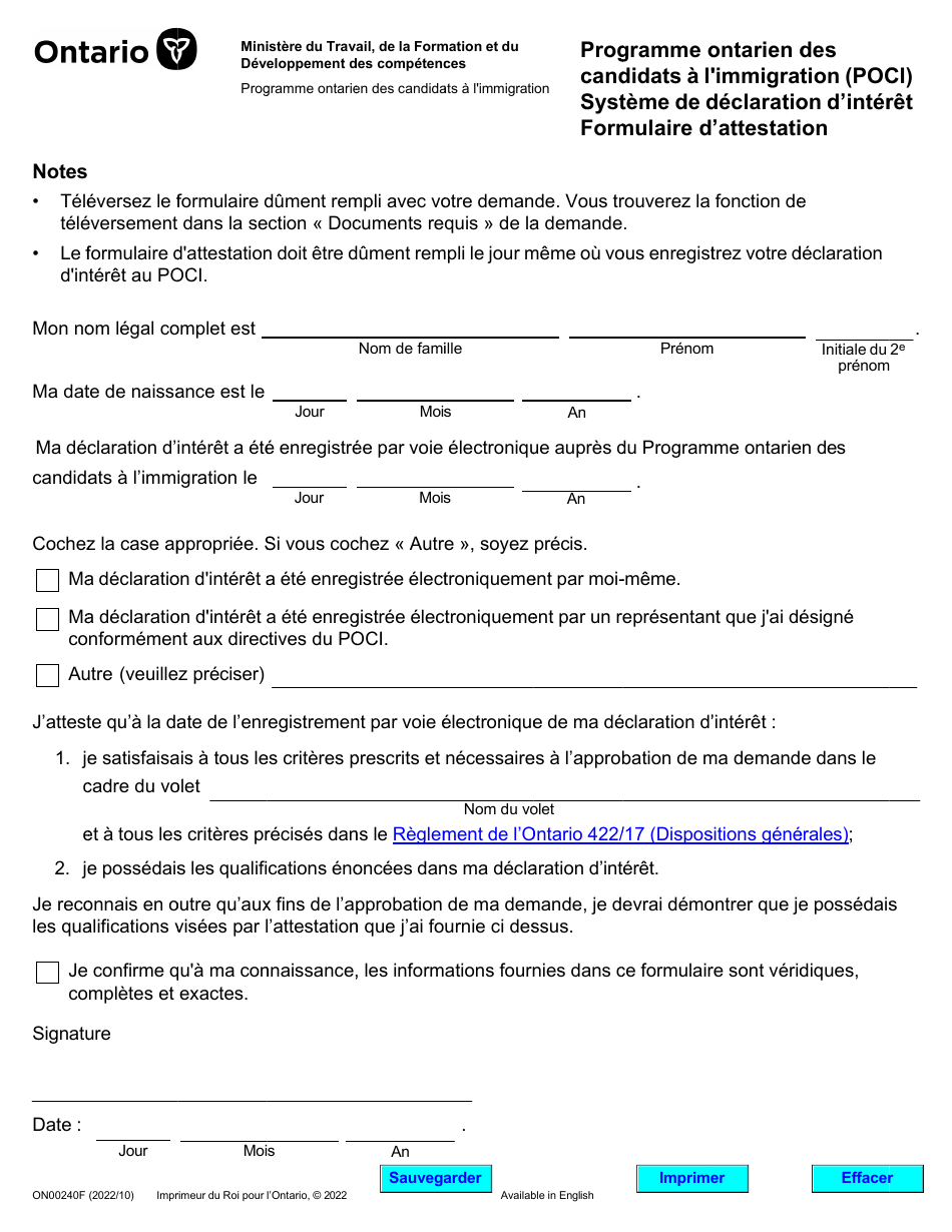 Forme ON00240F Programme Ontarien DES Candidats a Limmigration (Poci) Systeme De Declaration Dinteret Formulaire Dattestation - Ontario, Canada (French), Page 1