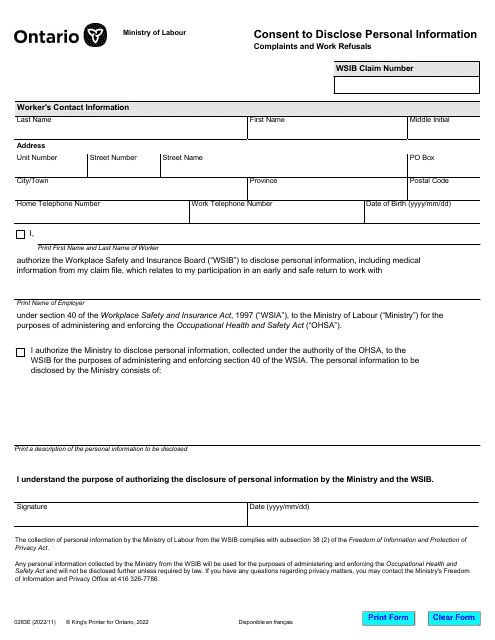 Form 0283E Consent to Disclose Personal Information Complaints and Work Refusals - Ontario, Canada